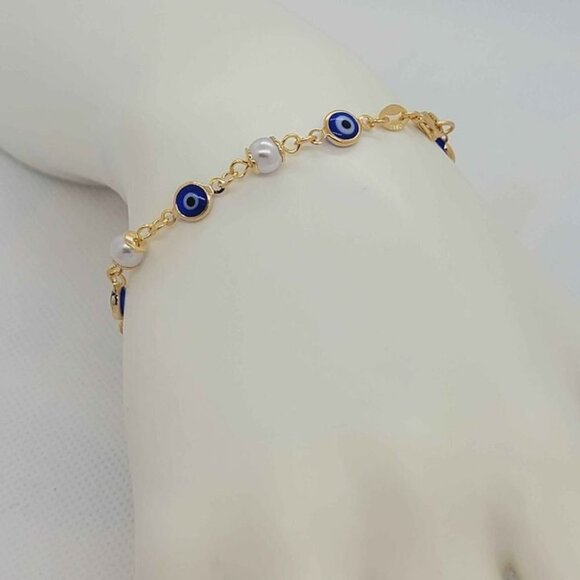 Brand New Brazilian 18k Gold Filled White Beaded & Blue Evil Eye Bracelet - Picture 3 of 3